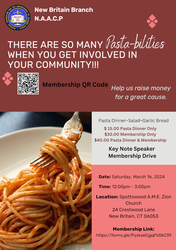 Pasta Dinner on March 16th to Support the New Britain NAACP